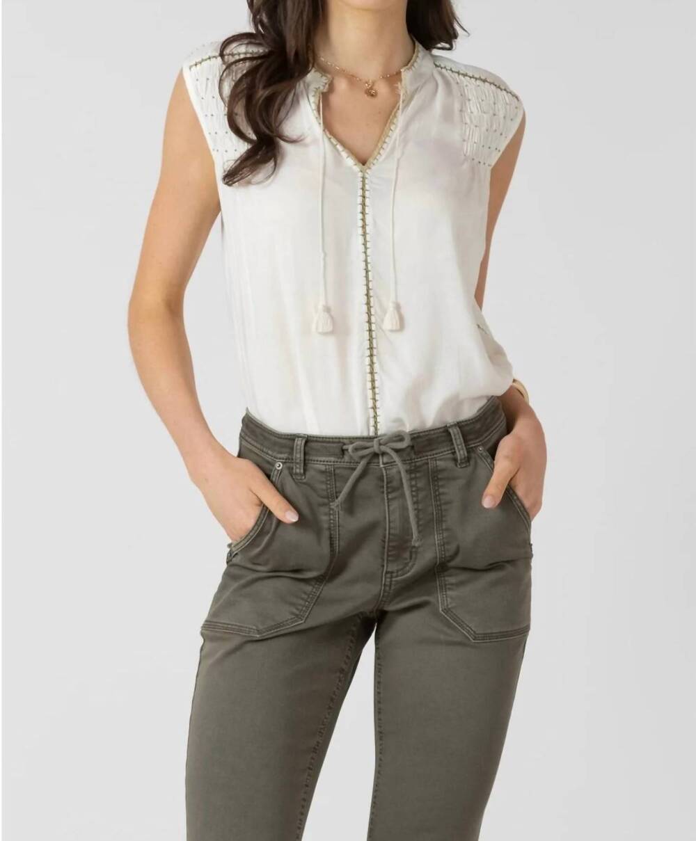 NEW DEX beaded trim blouse in ecru/pistachio